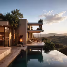 a modern house sits at the end of a pool