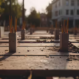 many cement tubes with wooden needles sticking out of them