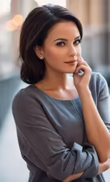 a woman wearing a sweater leaning on a building