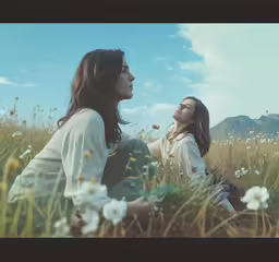 a couple of women standing next to each other on top of a field