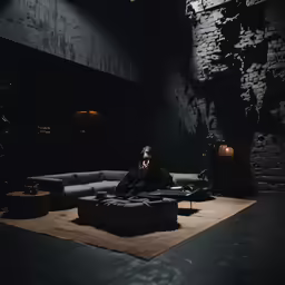 a person sitting on a couch in a dark room