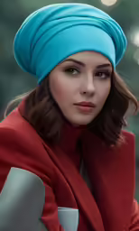 a woman with a blue turban on her head looking off to the side