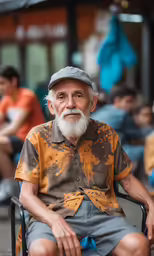 an old man sitting on top of a chair next to a group of people