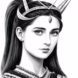 a black and white photo of a female with horns