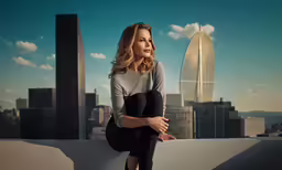 a woman posing for a picture on top of a building