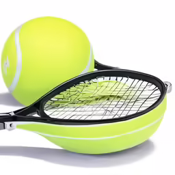 a close - up of the racquet, tennis ball and racket