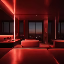 this large room features red light at the far end