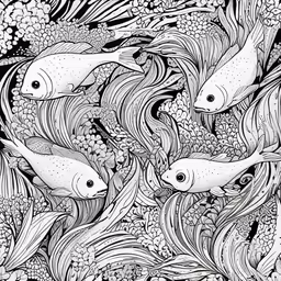 an adult coloring book with fish and algaes