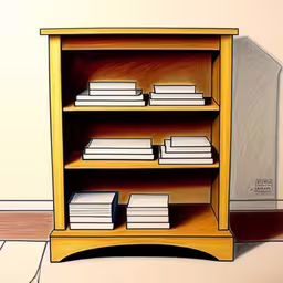 a drawing of an empty book case and a book in front