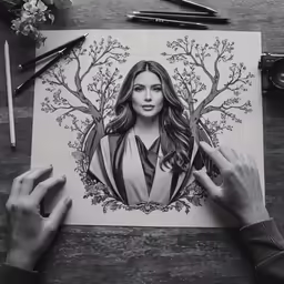a drawing of a woman next to her hand and a camera
