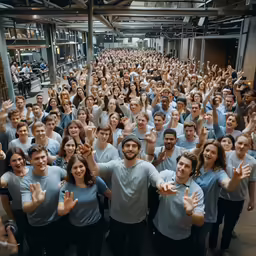an audience of people dressed in blue and white giving the peace sign