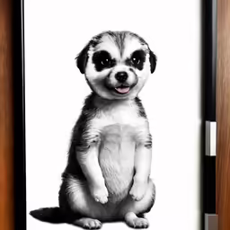 a white and black image of a puppy sitting on its hind legs