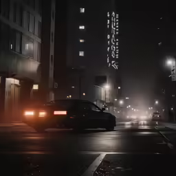 two cars passing by at night in a foggy city
