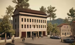 a large white building with people walking around in front of it