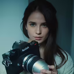 a female photographer holding up a digital camera