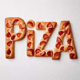 the letters pizza spelled out with small sliced strawberries