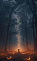 the man walks away from a very dark forest at night