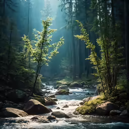 a river running through the woods near rocks and trees