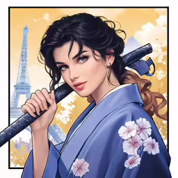 a woman with a japanese outfit holding a baseball bat
