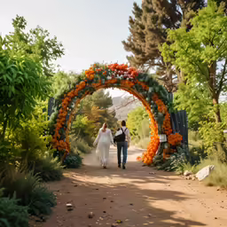 a couple holding hands while walking down a path