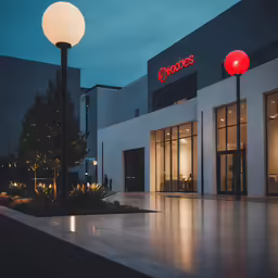 a building with street lamps and lights at night
