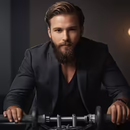 a man wearing a suit and tie standing by a bicycle
