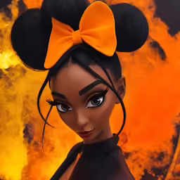 a woman wearing an orange and black mickey ears