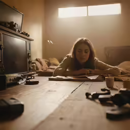 a woman is sitting at a table looking for items