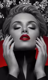 a woman is posing with her hands to her face