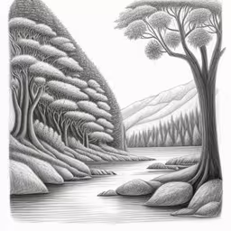 a drawing of a river and trees