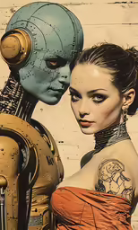 a woman is holding a robot behind her
