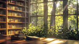 a bookshelf full of books near a window,book and a cup on the wooden table by large bookshelf