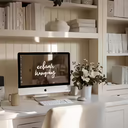computer monitor on desk with lettering beside it in a home office