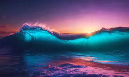 the light from a sunset shining in to the waves,a large wave crashing in front of the sun