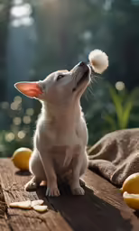 a white chihuahua playing with an orange and white ball
