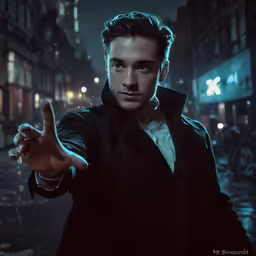 a man holding a hand sign while wearing a black coat