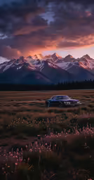 the old car is driving through an open field