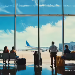 four people waiting for their luggage in an airport