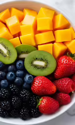 a bowl of fruit, sliced kiwi and berries