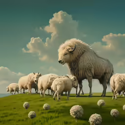 there are many white animals walking on the green hill