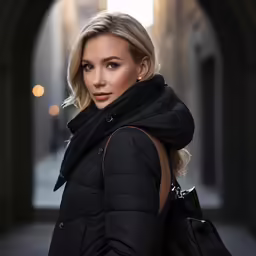 a woman in a black coat standing in a tunnel