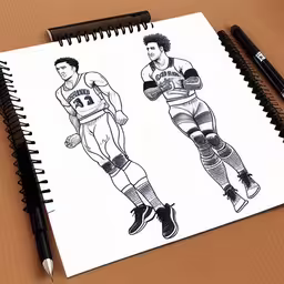 a pen drawing of a basketball player and a basketball goalie,two sports jerseys are shown with pens on top of a notebook,a drawing of two basketball players is shown,a drawing of three different sports players,a drawing of two men, with each wearing different socks