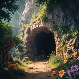 a path is in between a cave and the ground
