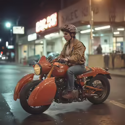 a man riding on the back of a orange motorcycle