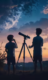 two boys looking through binoculars at the stars