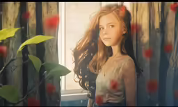 a woman standing near a window covered with flowers
