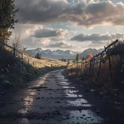 a wet road running through a rural countryside