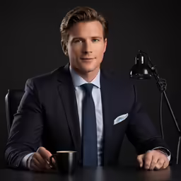 the young man is sitting at the desk with his hand in his pocket