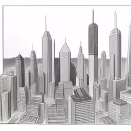 the chicago skyline drawn in charcoal by pencil,a drawing of the chicago skyline from above