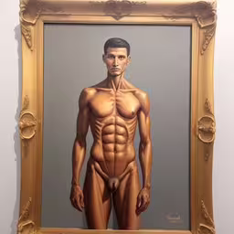 a painting of a man with muscles and his shirtless torso,an artistic picture of a naked man inside a frame